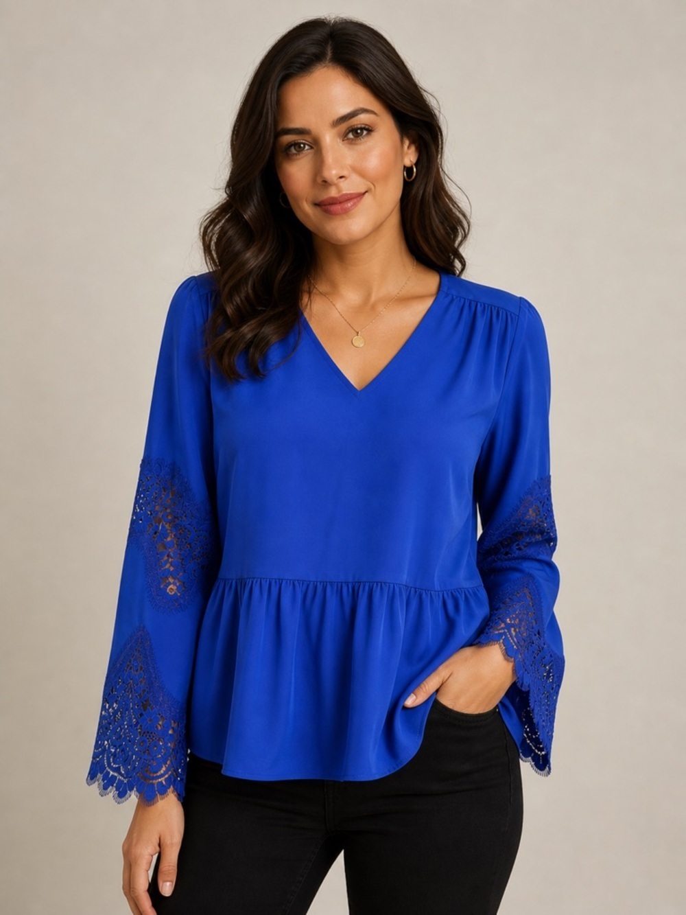 DU JOUR Blue V-Neck Peplum Woven Top w/ Lace Bell Sleeve Blur Like NEW size XS